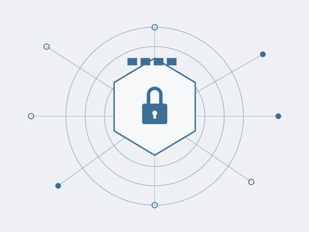 Abstract illustration of a fortified hexagon shield surrounded by monitored network nodes